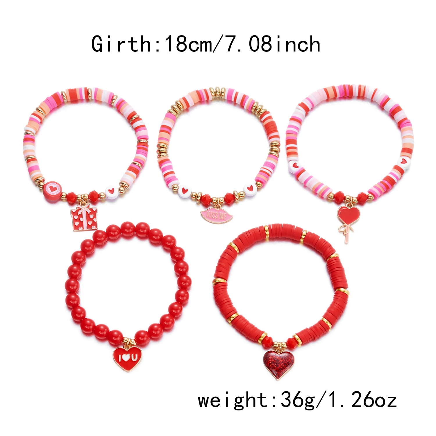 5 Pcs/Set Polymer Clay Beaded Bracelets for Women New Trendy Enamel Love Heart Shaped Ballon Charm Bracelet Valentine's Day Gift