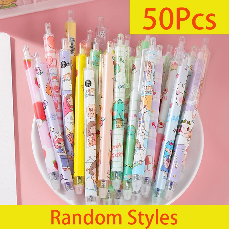 

50Pcs Cartoon Press Erasable Gel Pens 0.5mm Blue Black Erasable Writing Pen Kids Kawaii School Office Stationery