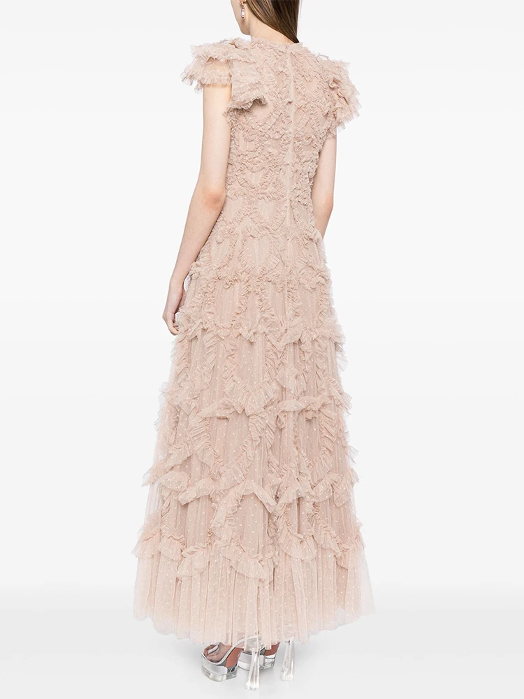 CHICEVER-vestidos con volantes empalmados para mujer, vestido largo de fiesta con cuello en V, manga corta, cintura alta, retazos y cremallera