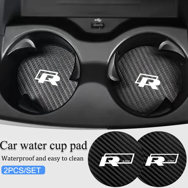 2Pcs Carbon Fiber Coaster Car Water Cup Anti-slip Pad Mat Auto Interior For Volkswagen VW RLine R Golf Amarok T5 ID3 Tiguan GTI