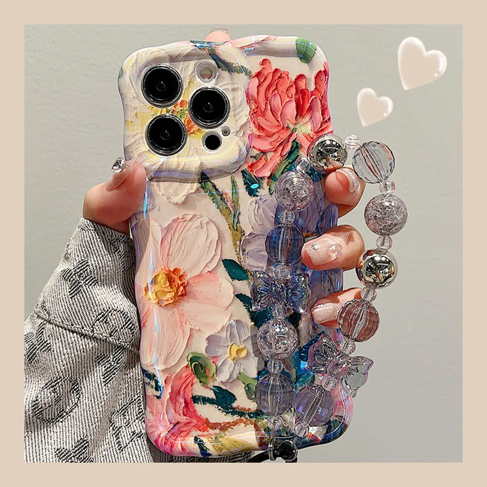 Oil Painting Flowers Phone Case For iPhone 11 12 13 14 15 Pro Max 12promax 15pro Soft IMD Shockproof Bumper Wavy Frame Cover