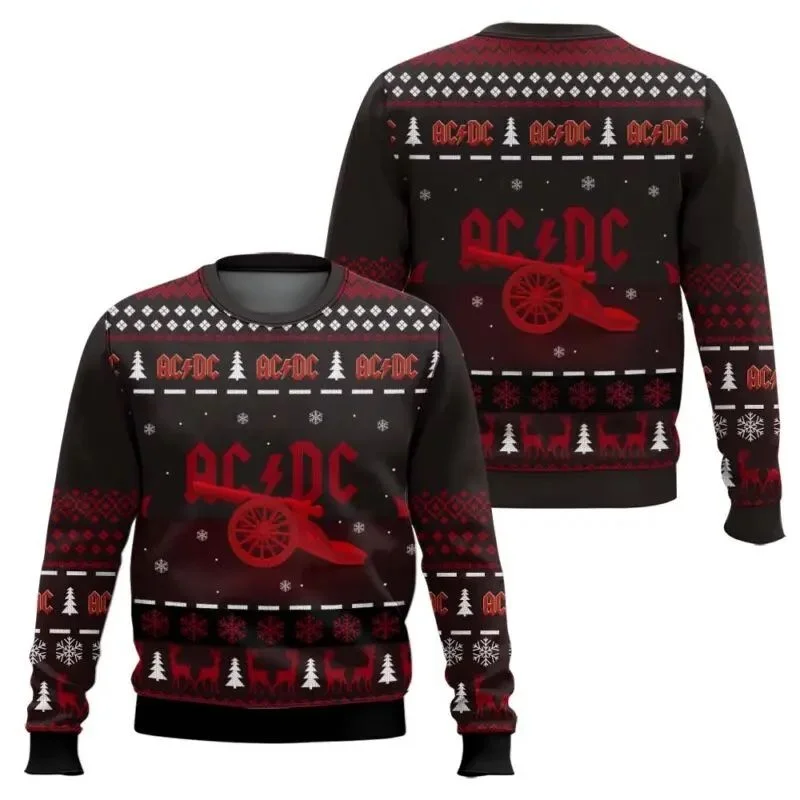 2026 ACDC Angus Young Mempersembahkan Sweater Natal Lightning Ugly untuk Pria dan Wanita, Hoodie Leher Bulat yang Modis