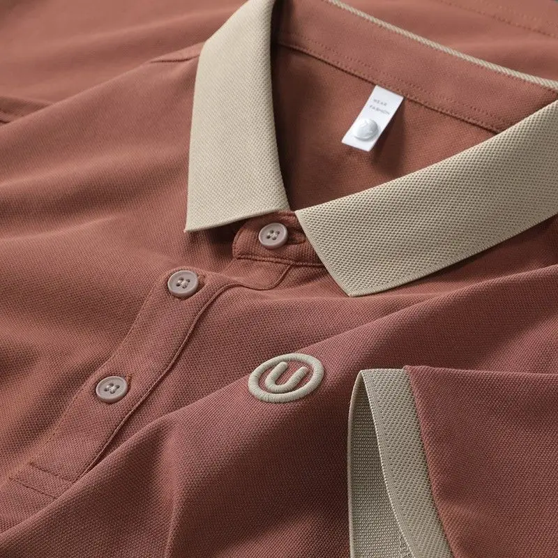 

Summer Ice Silk Embroidered irt Slim Fit ort Sve Turn-down Collar T-irt Youth Faion Busin Casual Cotton Top