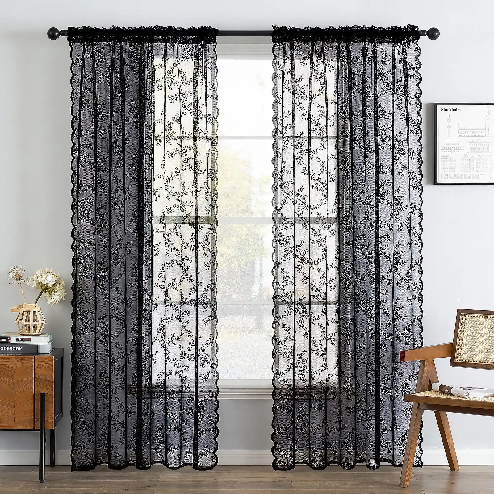 Holiday Decor Solid Color Curtains Elegant Wave Lace Trim Luxury Drapes for Living Room Bedroom Sheer Window Coverings Gauze