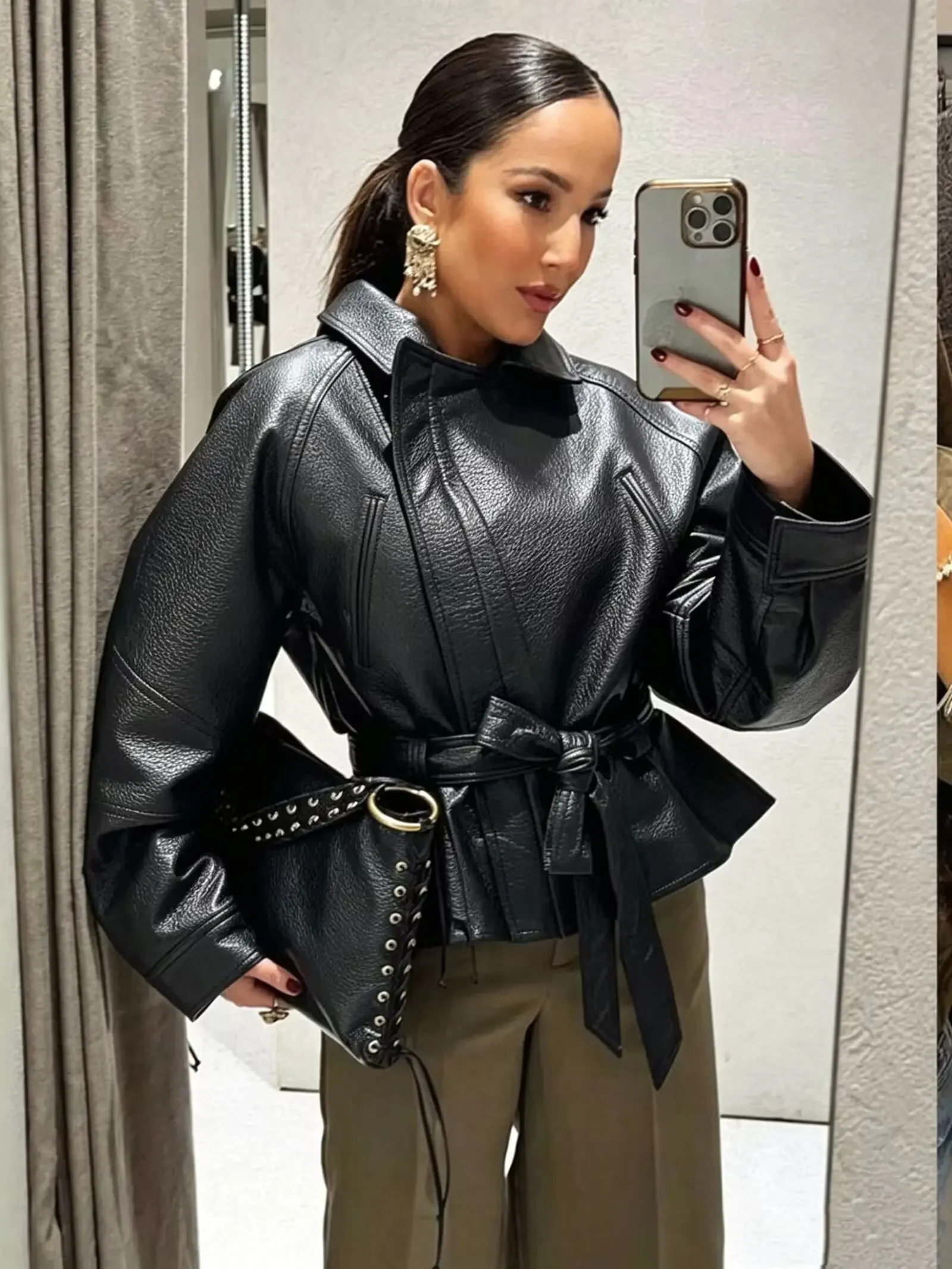 Solid Slanted Placket Zipper Pu Leather Jacket Turn Down Collar Belt Lace Up Short Coat Autumn Street Casual Women Jackets 2026