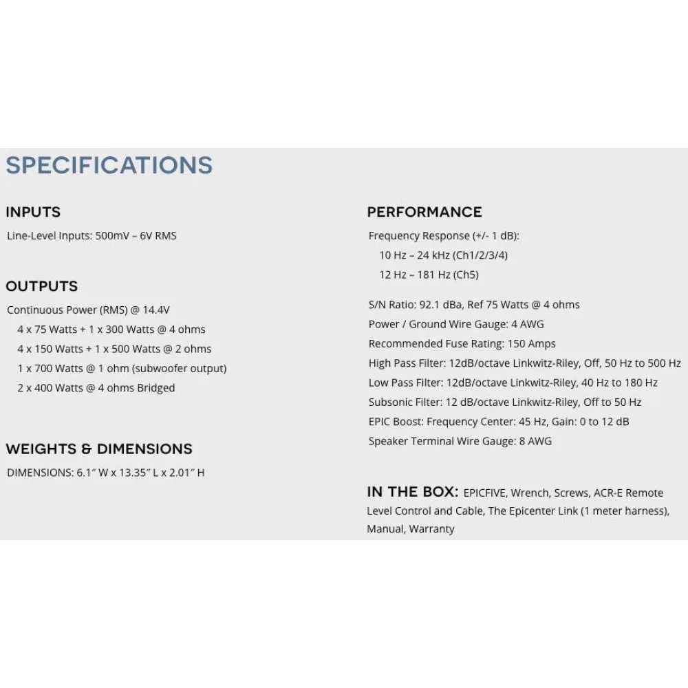 Epic Series 1100 Watt RMS 5-Channel Car Audio Amplifier, Class D, Epic Boost, Subsonic Filter, High-Pass/Low-Pass Filters