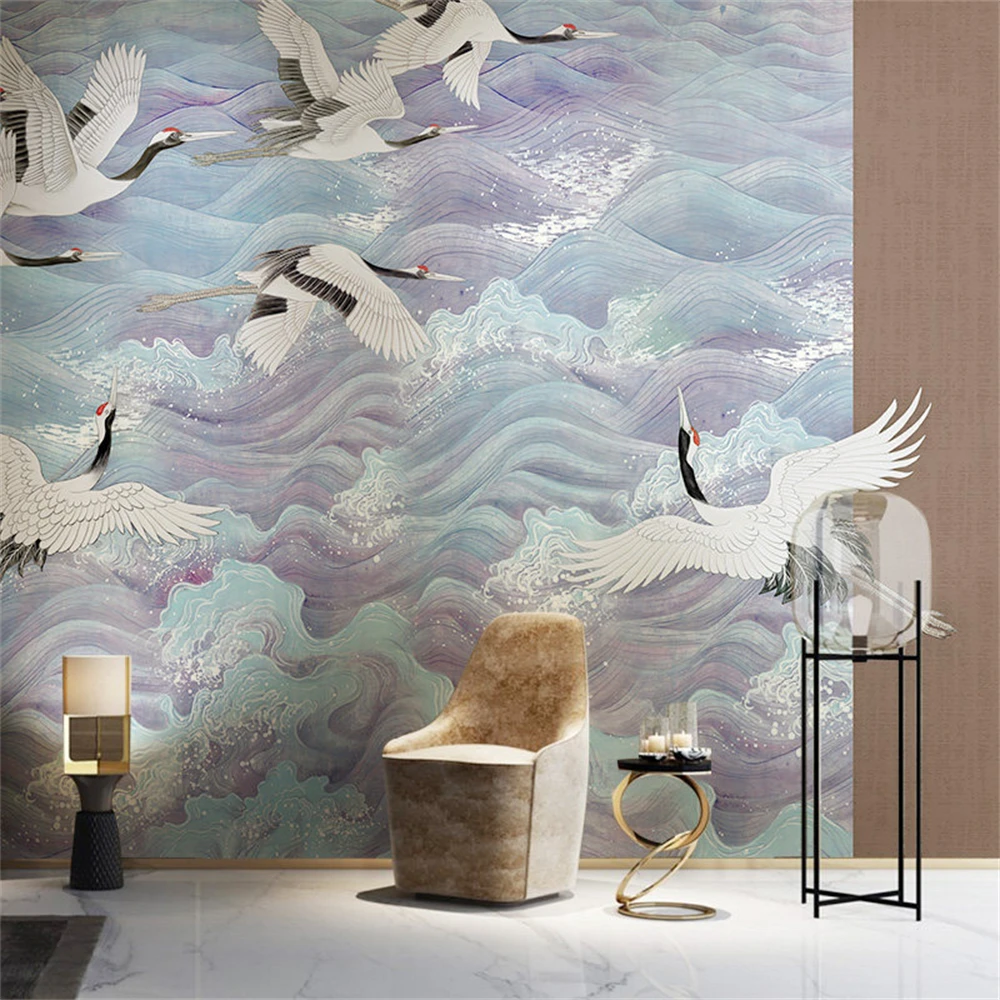 Custom Wave crane artistic conception wall paper living room TV background mural theme restaurant bedroom study wallpaper elegan