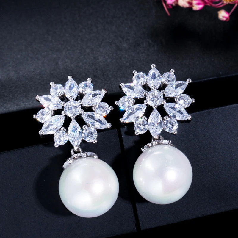 ThreeGraces Elegant Sparkly White Cubic Zirconia Simulated Pearl Drop Earrings for Women New Fashion Daily Party Jewelry E900 image 4