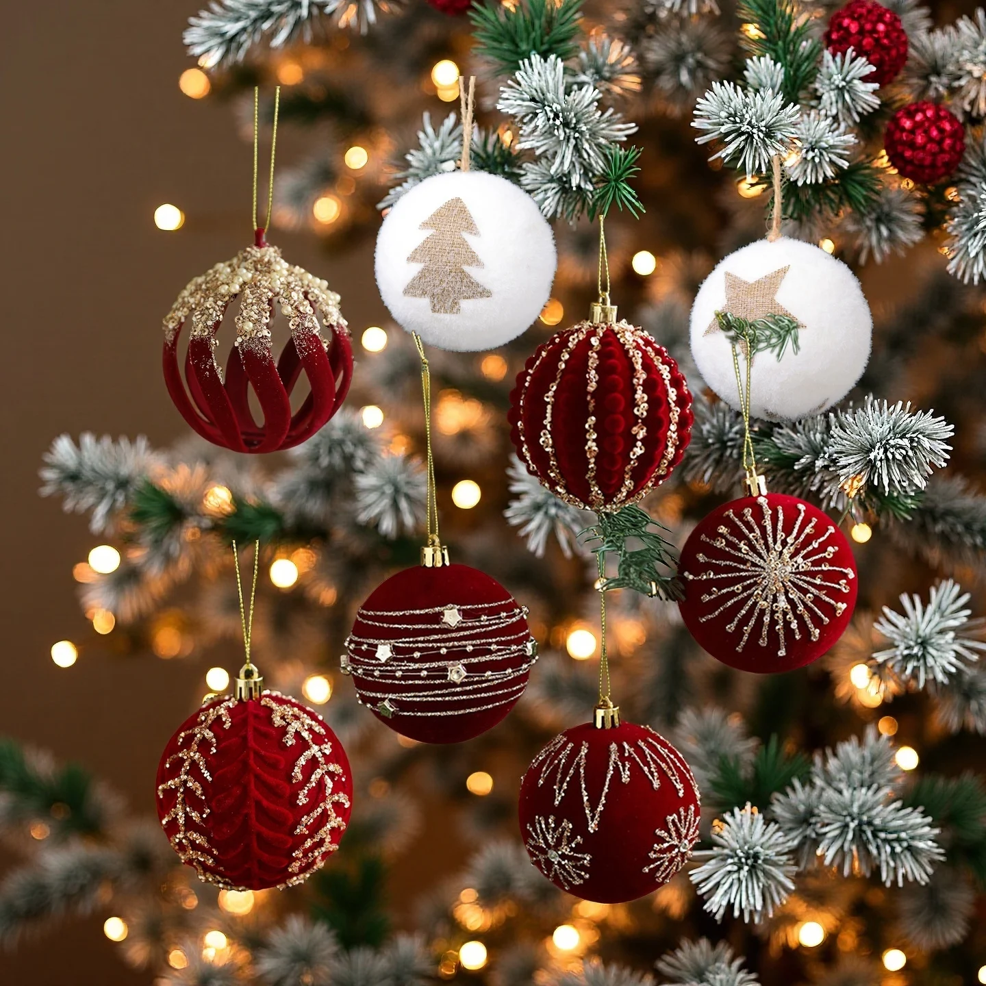 Burgundy Flocked Glitter Christmas Ball Ornaments – 4-Piece Set 6