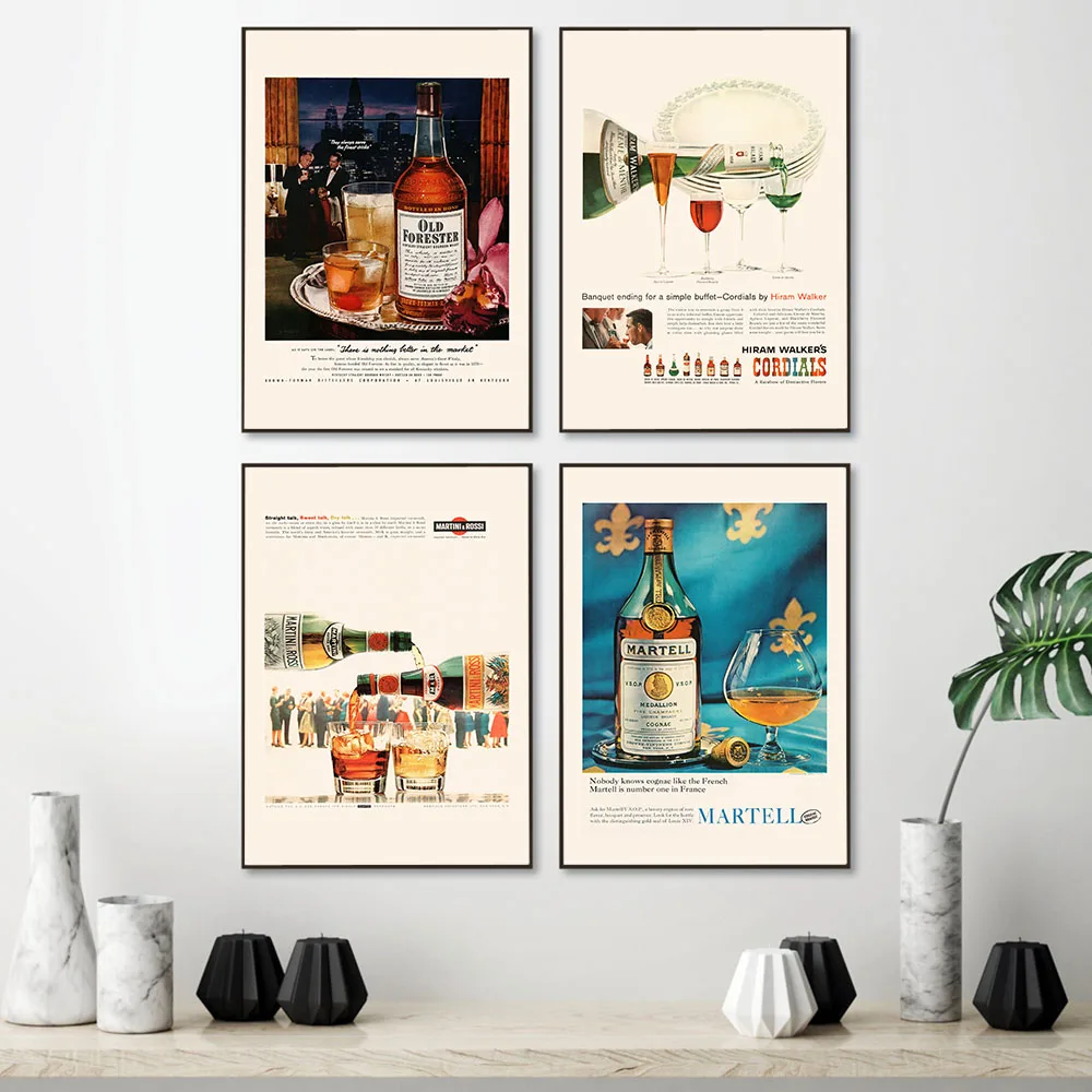 Vintage Style Whiskey Wine Poster and Print Retro Wall Art Canvas Painting Print  Mid Century Advertisement Picture Bar Decor