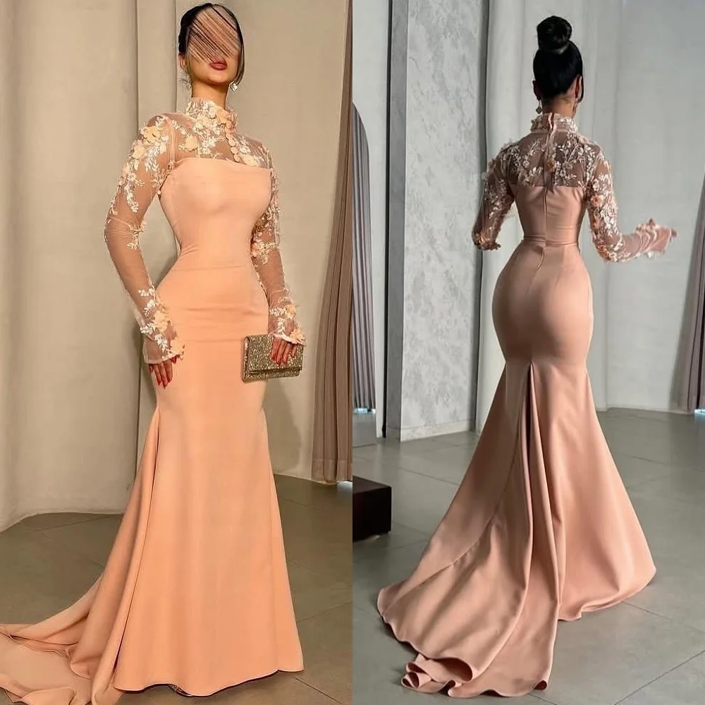 

Customized Modern Style Intricate Jersey Handmade Flower Button Column High Collar Long Dresses Bespoke Occasion Dresses Classic