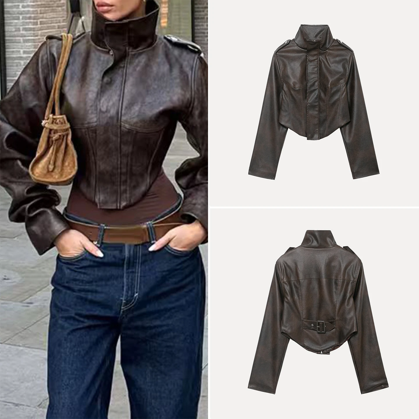 Faionable High Collar Long Sve Leather Jaet Women's Coat Zipper Decorated Sli Design Autumn New Arrival Z
