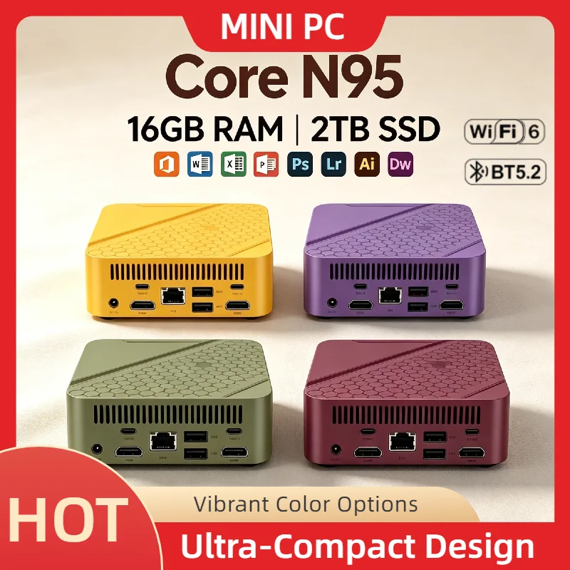 Intel Core N95 High Speed Mini PC 16GB RAM 2TB SSD Triple 4K Monitor WiFi6 BT5.2 Silent Cooling Office Home Small Silver