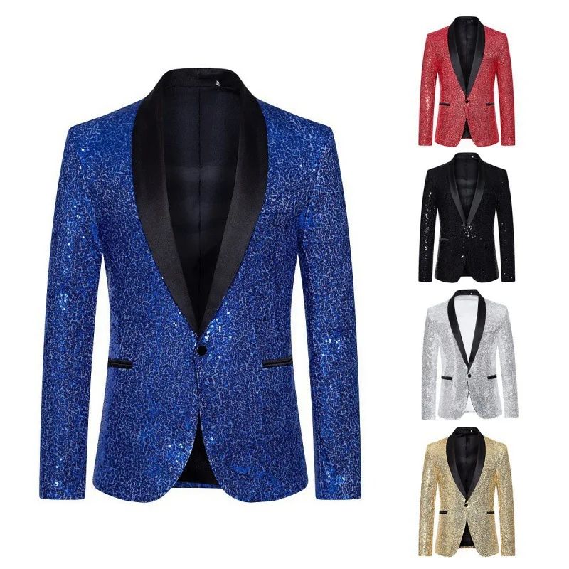 

Custom performance banquet dress gold sequined suit suit nightclub men's clothing host emcee studio jacket