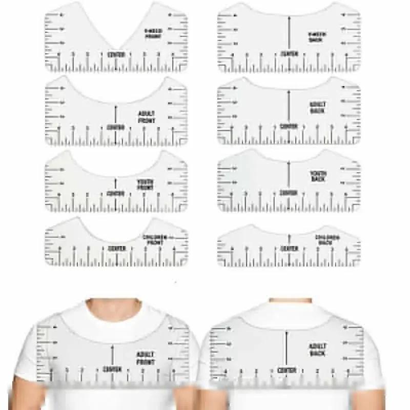 

8pcs T-Shirt Alignment Tool Chart DIY Measuring Ruler V-Neck Transparent Round PVC Ruler for Sewing Design Back Front Clothing