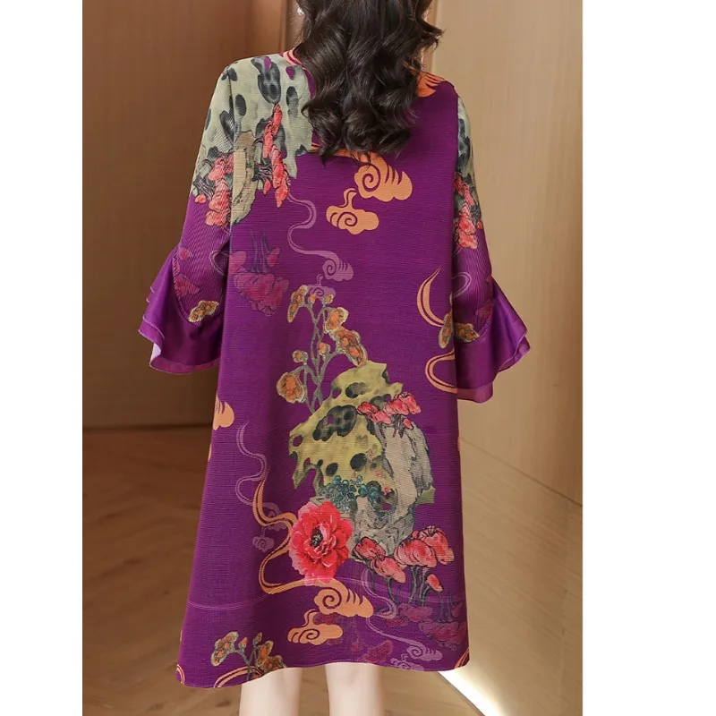 Floral impressão midi dr chinês sle plissado solto encaixe mamãe faion tamanho grande outono novo vestido vintage saia linha a