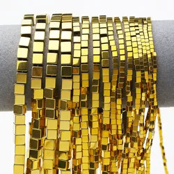 Gold Plated Cube Hematite Natural Stone Square Loose Spacer Beads For Jewelry MakingDIY Bracelet Necklace 15'' Strand 2/3/4/6mm
