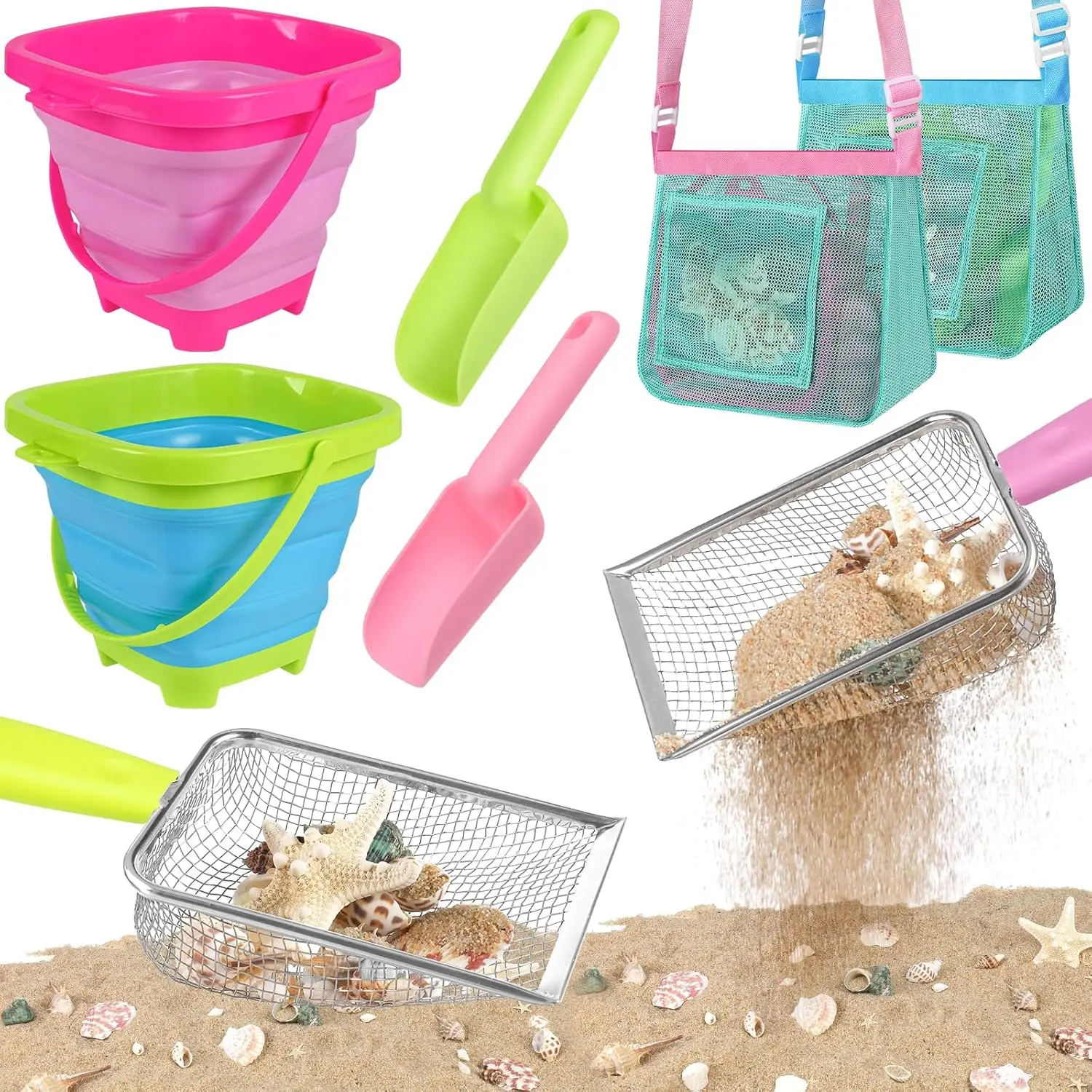 

Beach Shell Collecting Set: 2 Collapsible Buckets, Shark Tooth Sifters, Sand Scoops, Mesh Bags for Kids