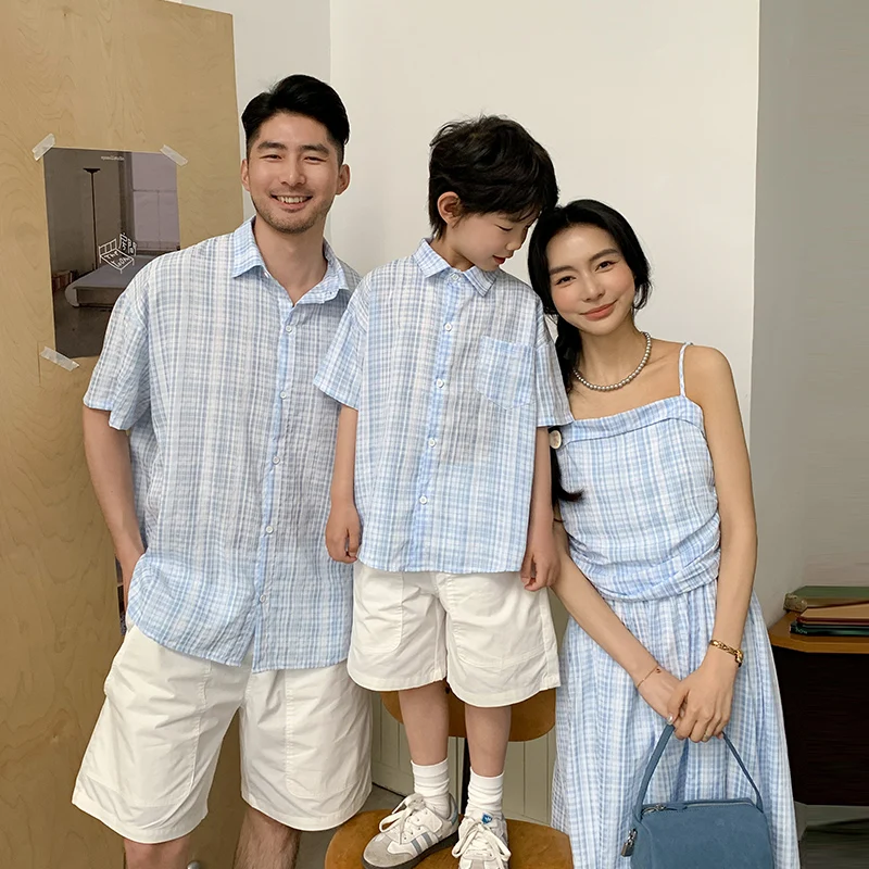 1-12 Year Brother Sister Siblings Short Sleeve Plaid Shirt Fashion S-3XL Mom Dad Family Matching Outfits Summer Strapless Dress
