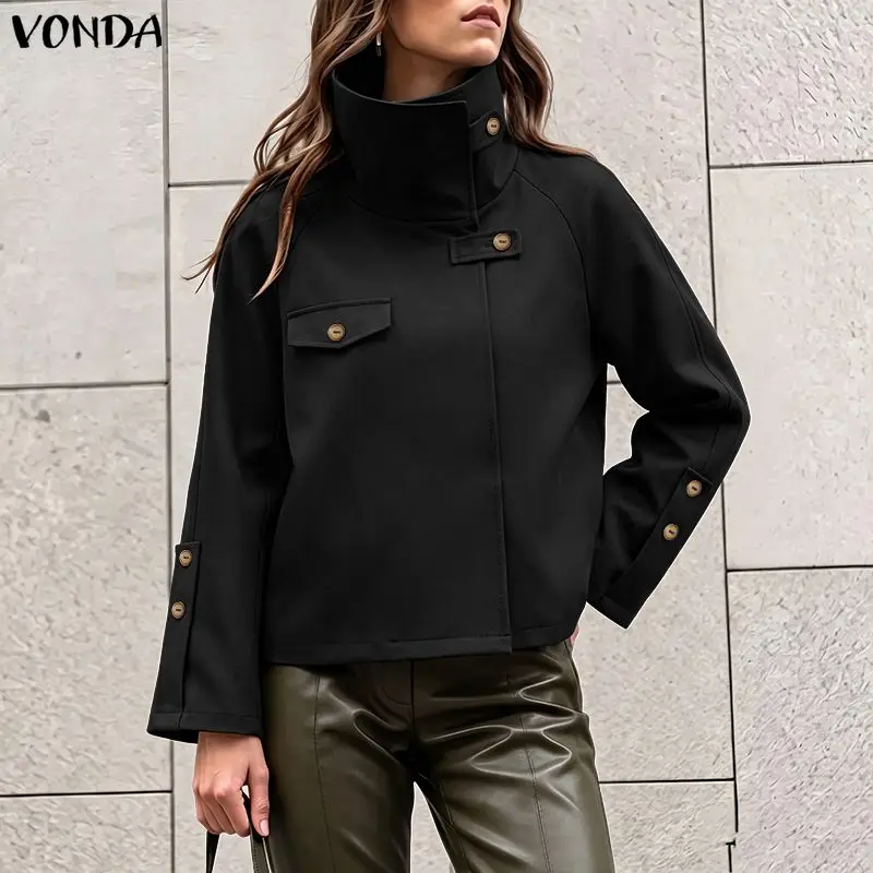 Autumn VONDA Women Trench Jackets Stand Collar Long Sleeve Button Short Thin Coat Casual Tops Streetwear Autumn Spring Jackets