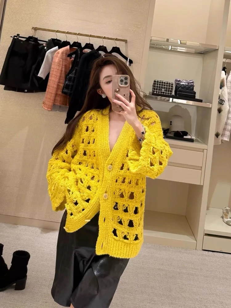 

Sle Knitted Open Cardigan Women's Korean Aosphere Autumn Winter Unique Beautiful Hollow out Top Loose Fit Long Sle...