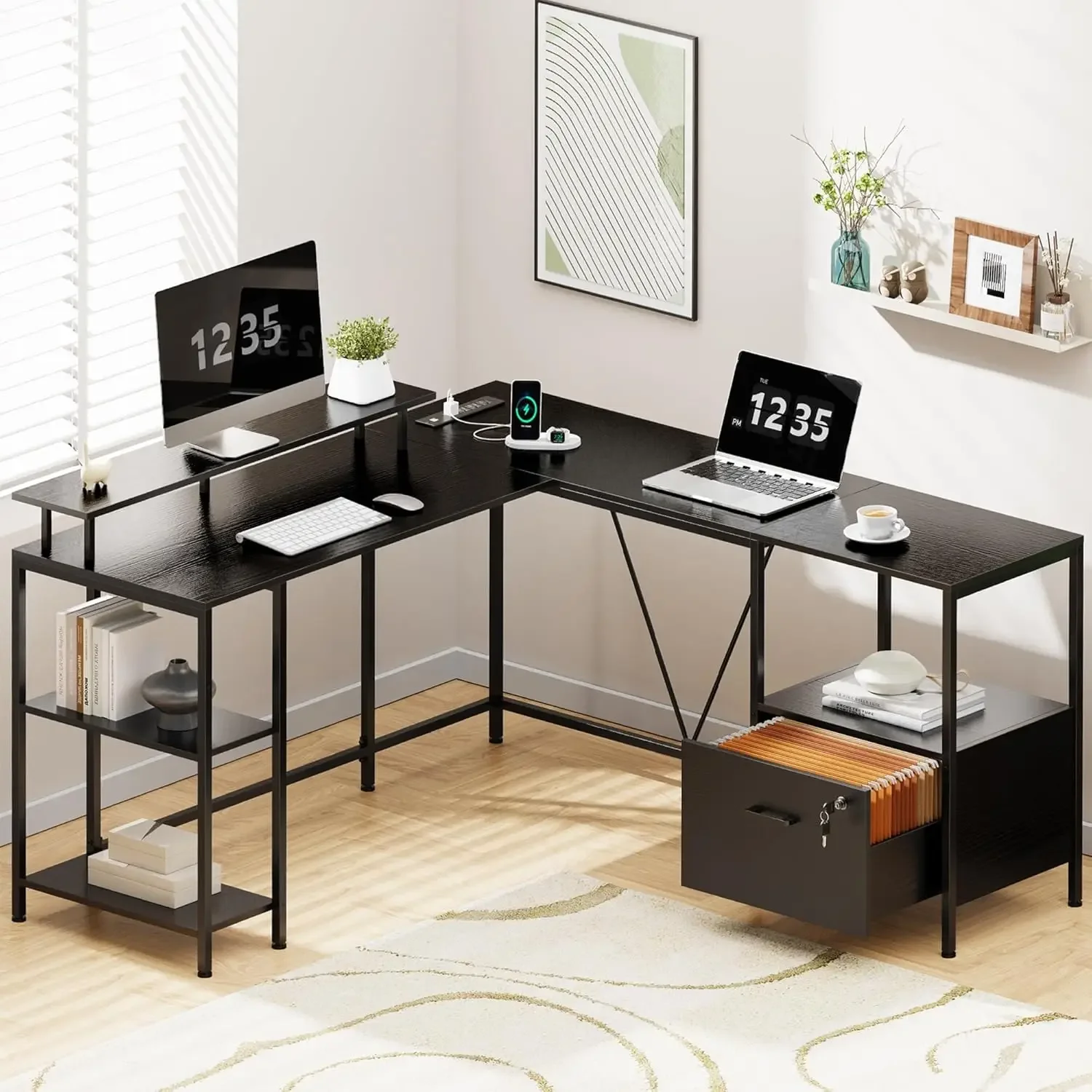 

L Shaped Computer Desk with Power Outlets & LED Lights, Reversible Computer Desk with File Cabinet & Storage Shelves