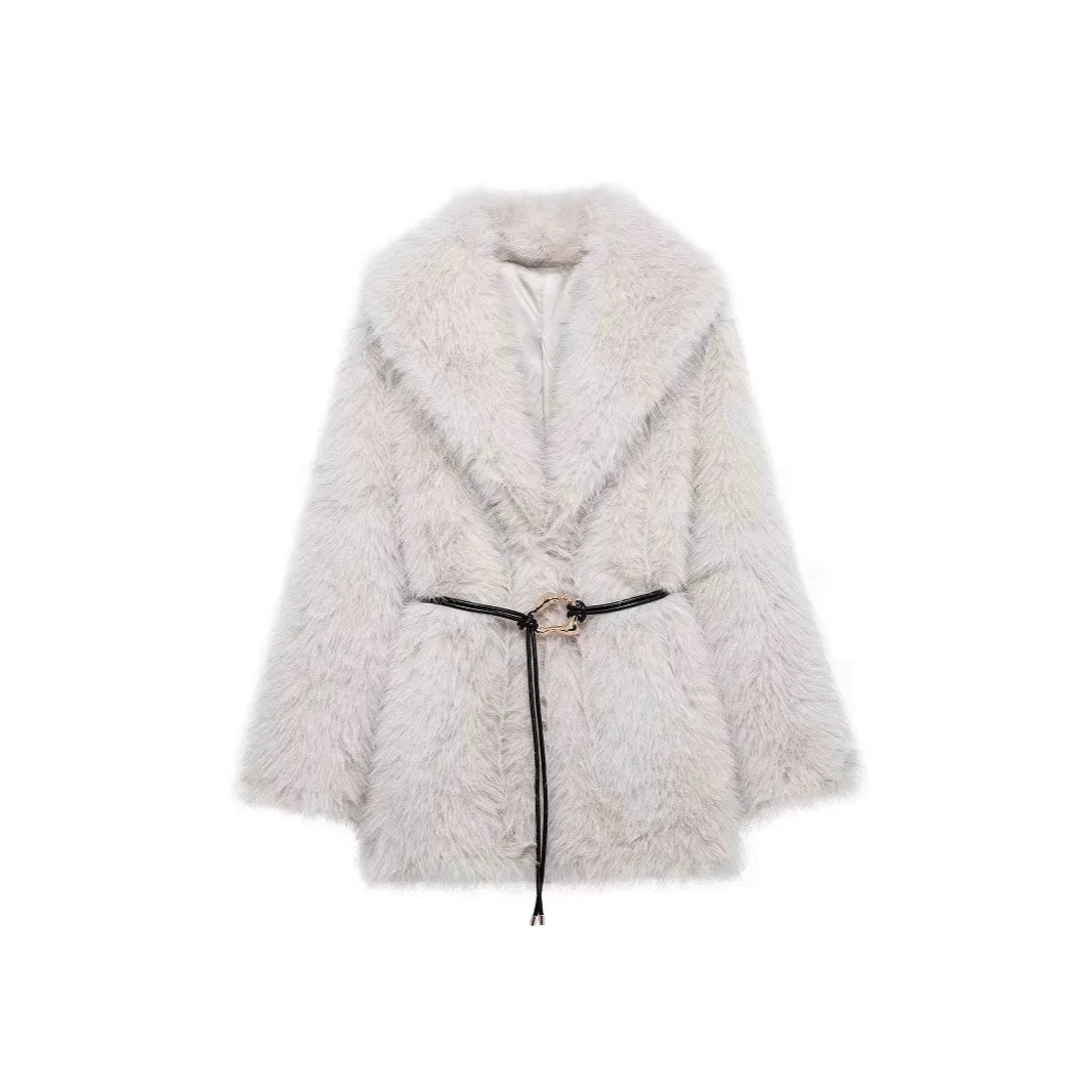 เสื้อโค้ทขนเฟอร์เทียมสำหรับผู้หญิง แขนยาว คอปกตั้ง แต่งเข็มขัด  ขนฟู  ความยาวปานกลาง  สไตล์หรูหรา  สำหรับฤดูหนาว