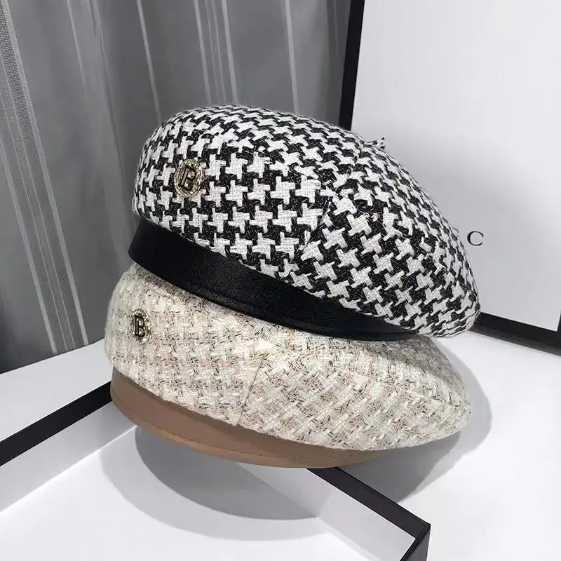 Women\'s Hat Beret 2023 New Fashion All-match Houndstooth Female British Retro Octagonal Hat Painter Hat Autumn Women\'s Kepi