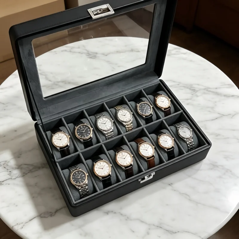 

12 Slot Watch Display Box with Clear Window, Lockable Leather Watch Organizer Case + Bracelet Boxes 4Pcs Set for Watch Collector