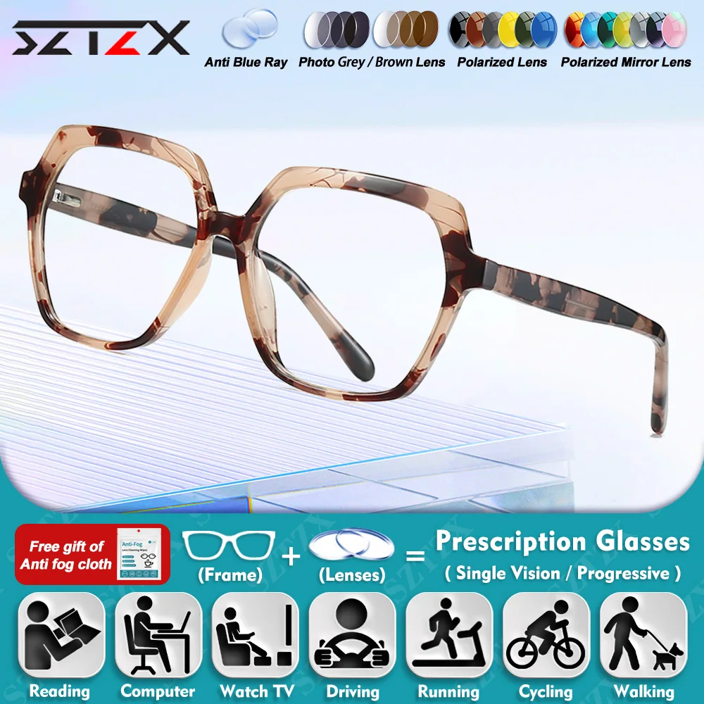 

SZTZX Classic Myopia Photochromic Prescription Glasses For Women High Quality Reading Blue Light Blocking Progressive Eyeglasses