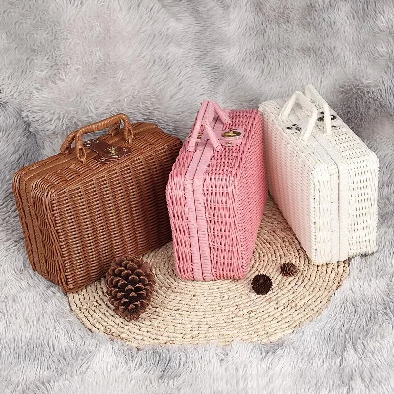 Rattan-like Finishing Box Woven Rattan Basket Retro Storage Box Decorative Props Suitcase with Hand Gift Box