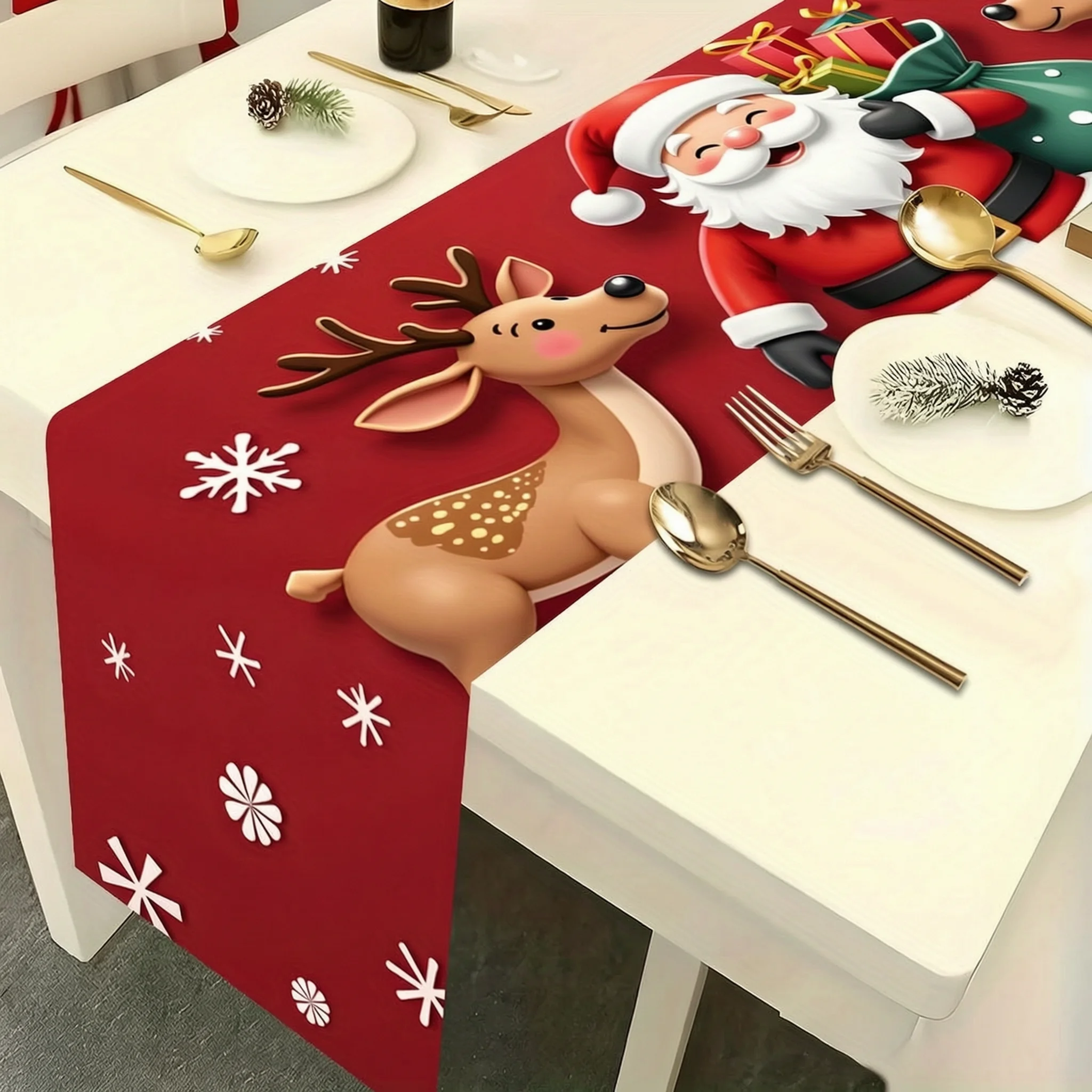 Christmas Table Runner, Santa and Reindeer Rectangular Tablecloth, Holiday Decor for Dining Coffee Table Kitchen Party