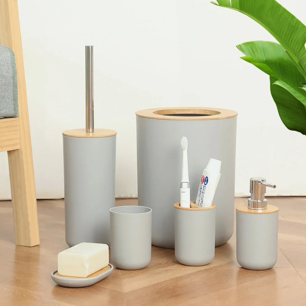 

6pcs Bathroom Accessories Set Bamboo Shower Set Soap Dispenser Toothpaste Toothbrush Holder Toilet Brush Trash Can Bathroom Kit