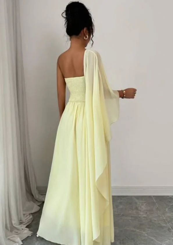 Alta qualidade personalizado tornozelo comprimento sem costas um ombro flor amarela feminino robe despeje mariage convidado Плаazoеtü kund©dheль