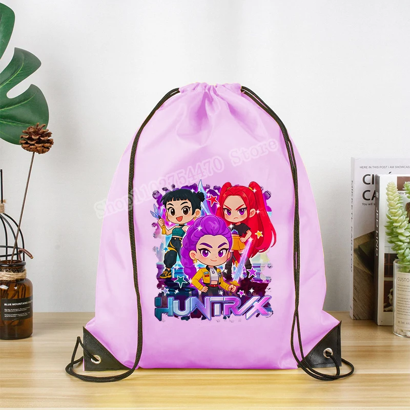 

KPop Demon Hunters Drawstring Drawstring Backpack Cartoon Print Waterproof Polyester Storage Bag Portable Kawaii Handbags Gifts