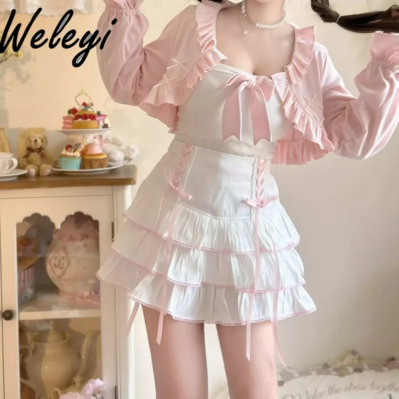 

Japanese Style Jirai Kei Bow Skirt for Women 2024 Spring NEW Sweet Cute Hot Girl Ribbon Lace Up High Waisted Short Cake Skirts