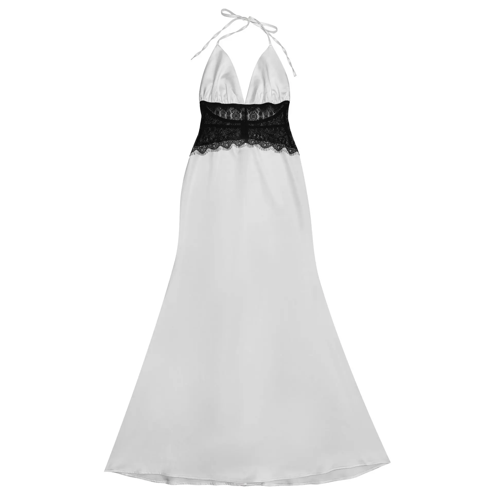 EINY エレガントでセクシーなディープ V ネックバックレスレースパッチワークサテンドレス女性のためのホルターネックノースリーブロングプロムパーティーイブニングドレス Traf