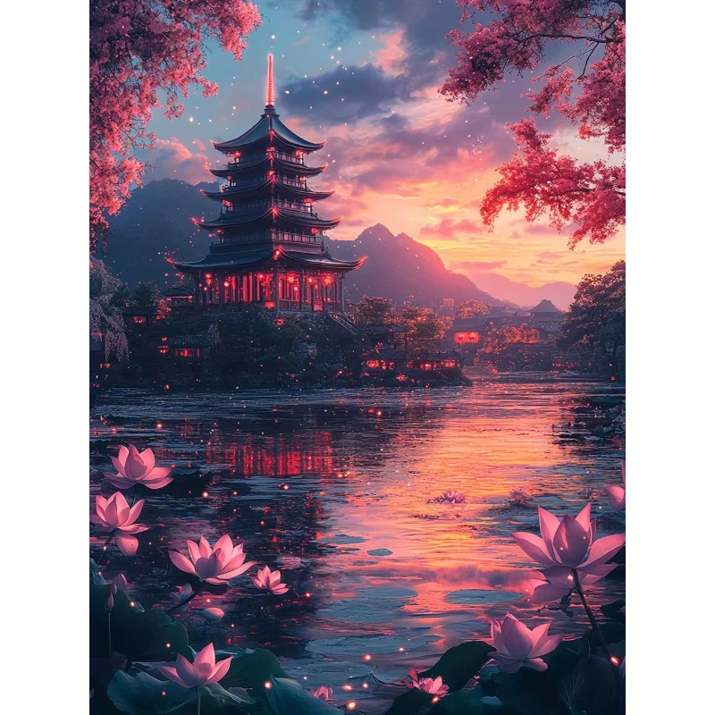 500/1000/1200/2000PCS Jigsaw Puzzle Peaceful Lotus Pond And Tower Scene For Adults Ideal For Stress Relief And Relaxation