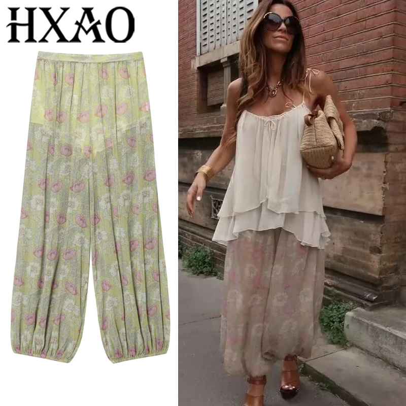 HXAO Damskie Spodnie Letnie z Nadrukiem Kwiatowym, Luźne Spodnie Damskie w Stylu Boho z Plisami, Płynne Spodnie Damskie Casual, Półprzezroczyste Spodnie Balonowe