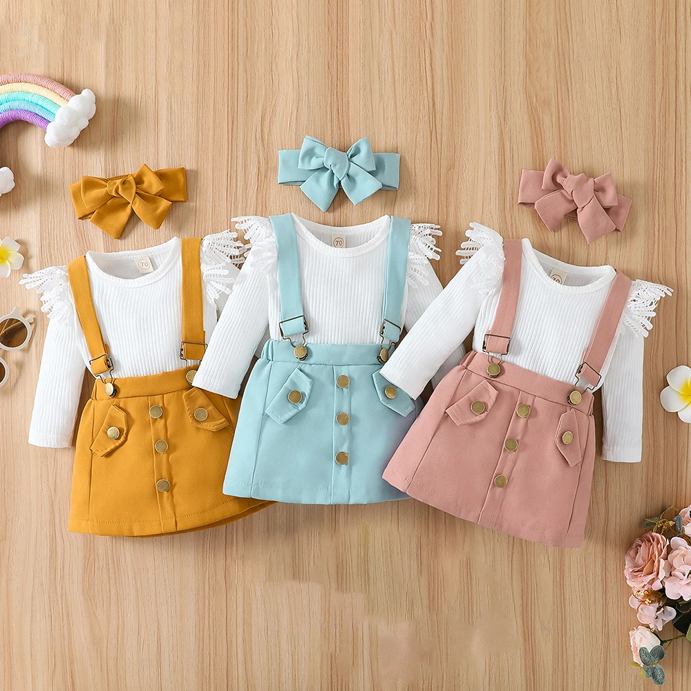 LAPA 0-12M Baby Girls Lovely Skirt Suit Infant Long Sleeve Romper +Suspender Skirt + Headband 3pcs Set Spring New Toddler Outfit