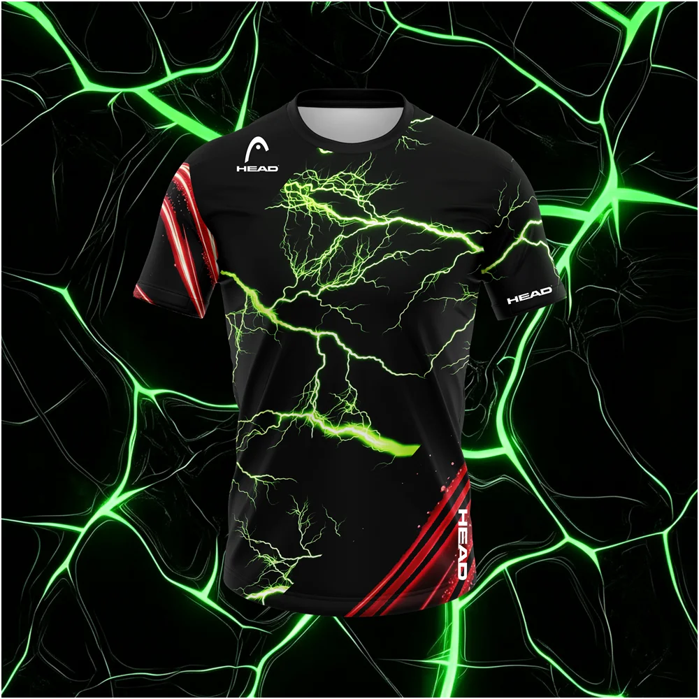 HEAD Men's Tennis T-Shirt Black Green Lightning Print Short Sleeve Sports Tee Athletic Training Top Casual Gym Wear