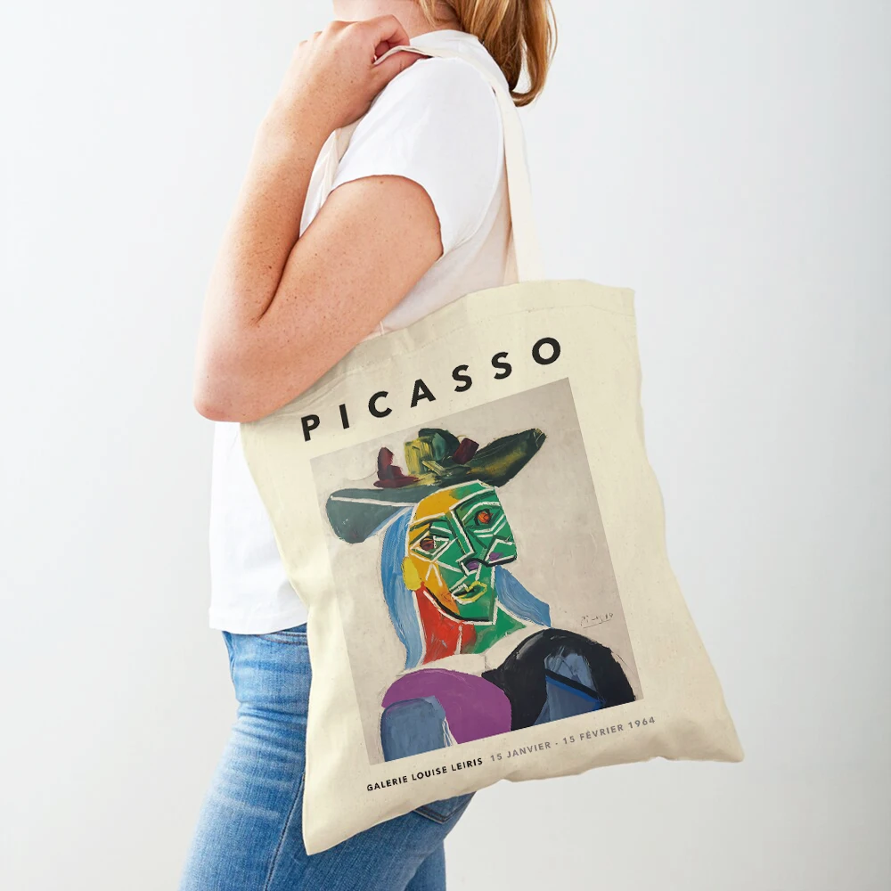 Vintage Picasso Cubism Fauvism Gallery Lady Tote Handbag Canvas Women Shopping Bags Double Print Eco Supermarket Shopper Bag