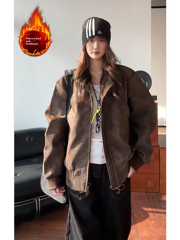 

Куртка мужская утепленная из искусственной кожи с эффектом американской карамелизации, с хлопковой подкладкой, для работы, теплая зимняя верхняя одежда, с отделкой из овечьего вельвета