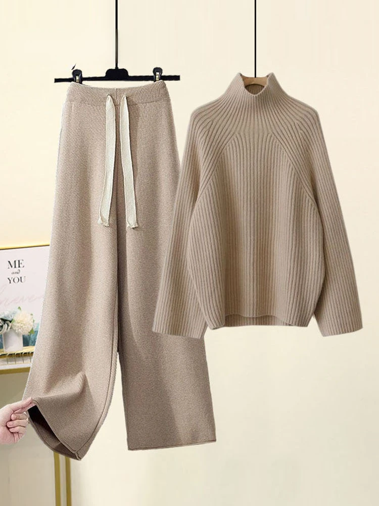 Setelan Sweater rajut wanita, pakaian luar longgar Set N437, Sweater rajut setengah Turtleneck lengan panjang dan celana kaki lebar Musim Dingin