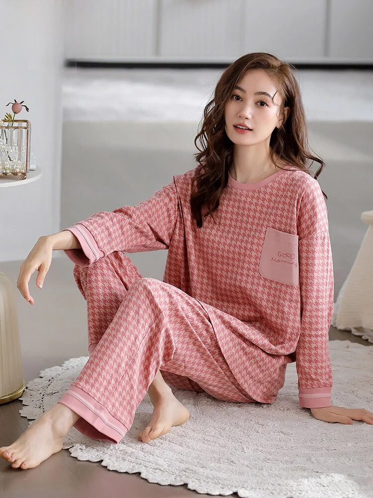 Doral Nuevo Conjunto Casual de Ropa de Casa Fina de Algodón Puro a Cuadros de Manga Larga para Primavera y Otoño para Mujer