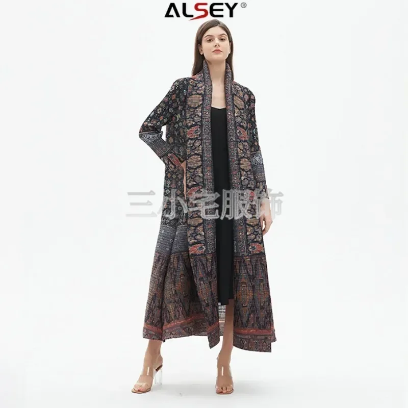 Miyake Pleated Classic Women's Long Gown Loose Plus Size Long Sleeve Tie Design Trench Vintage Printed Dress 2024 Summer New