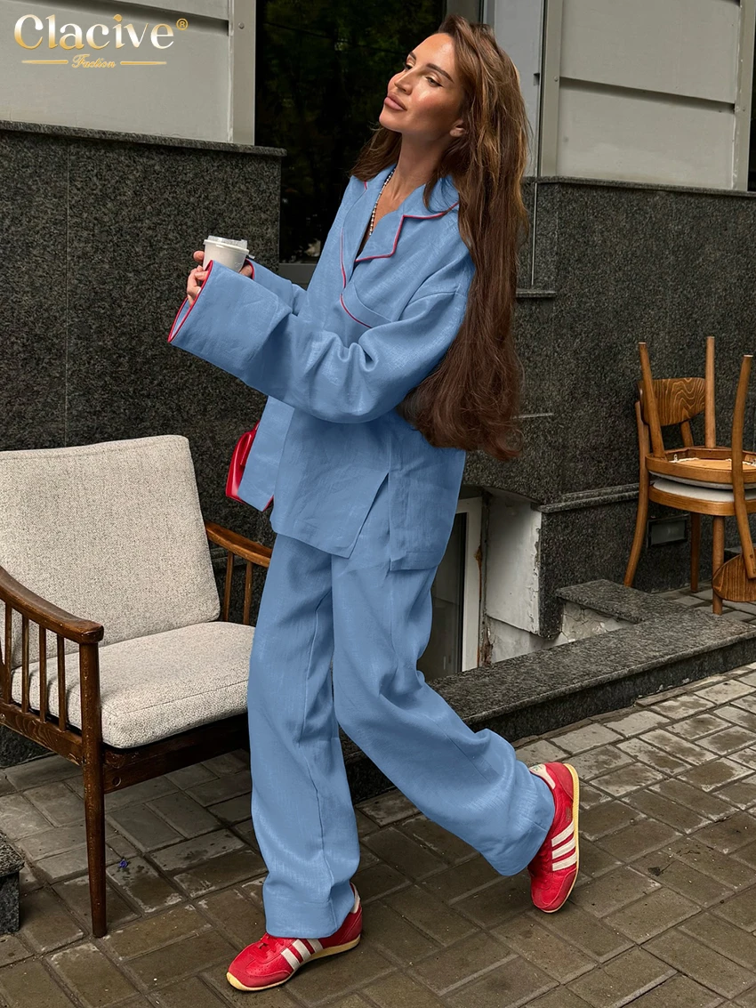 Clacive Mode Lose Blaue Baumwolle frauen Zwei Stücke Set 2025, Elegantes Langarm-shirt Mit Hoher Taille Breite Hosen set Weibliche