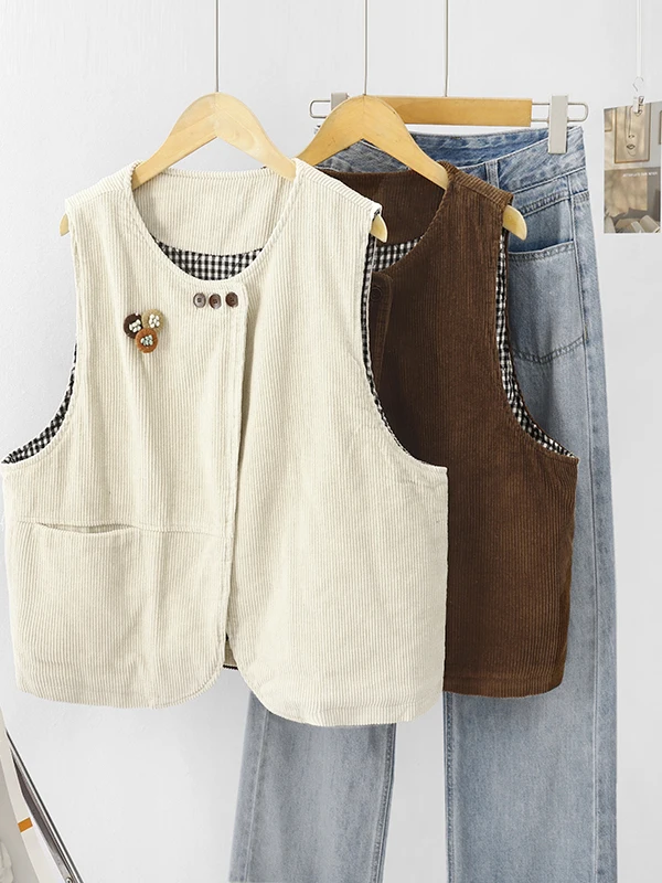 

Artistic Design Corduroy Vest Jacket Large Size Women's round Neck Sleeveless Layering Versatile Shoulder Pad Autumn Outerwear