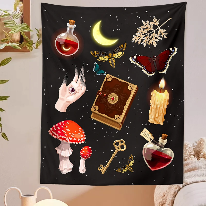 Magic Key Tapestry Witchcraft Moon Starry Sky Map Bohemian Tapestry Literature Room Decoration Holiday Atmosphere Tapestry