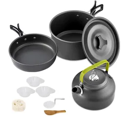 Juego de utensilios de cocina para acampada, vajilla portátil antiadherente de aluminio para exteriores, tetera, olla, sartén, cuenco para senderismo, barbacoa y Picnic